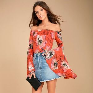 Free People Orange Floral Off-Shoulder Bell Sleeve Top